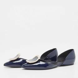 Pre Owned Roger Vivier Navy Blue Patent Leather Chip D'orsay Flats Size 35.5