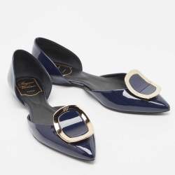Pre Owned Roger Vivier Navy Blue Patent Leather Chip D'orsay Flats Size 35.5