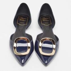 Pre Owned Roger Vivier Navy Blue Patent Leather Chip D'orsay Flats Size 35.5