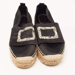 Pre Owned Roger Vivier Black Satin Embellished Espadrille Flats Size 36