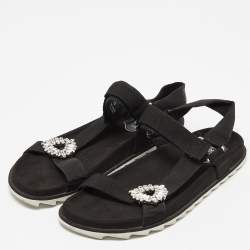 Roger Vivier Black Fabric Crystal Embellished Buckle Trekky Viv'  Flat Sandals Size 40