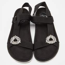Roger Vivier Black Fabric Crystal Embellished Buckle Trekky Viv'  Flat Sandals Size 40
