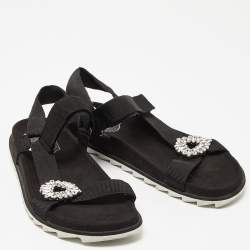 Roger Vivier Black Fabric Crystal Embellished Buckle Trekky Viv'  Flat Sandals Size 40