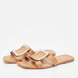 Roger Vivier Brown Leather Flat Slides Size 36.5 