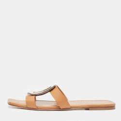 Roger Vivier Brown Leather Flat Slides Size 36.5 
