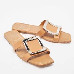 Roger Vivier Brown Leather Flat Slides Size 36.5 