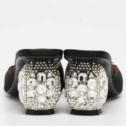 Pre Owned Roger Vivier Black Satin Crystal Embellished Mules Size 37.5