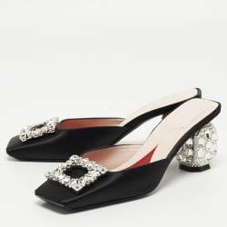 Pre Owned Roger Vivier Black Satin Crystal Embellished Mules Size 37.5