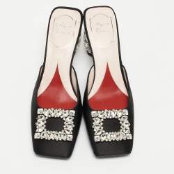 Pre Owned Roger Vivier Black Satin Crystal Embellished Mules Size 37.5