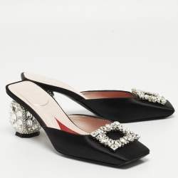 Pre Owned Roger Vivier Black Satin Crystal Embellished Mules Size 37.5