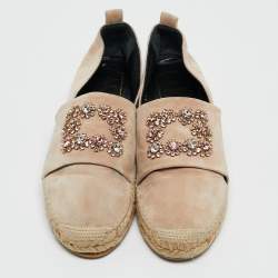 Pre Owned Roger Vivier Light Pink Suede Crystal Embellished Espadrille Flats Size 41