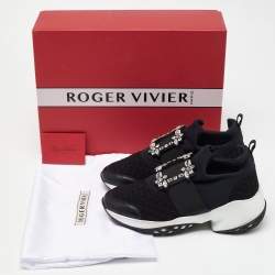 Roger Vivier Black Mesh Fabric and Leather Crystal Embellished Slip On Sneakers Size 38