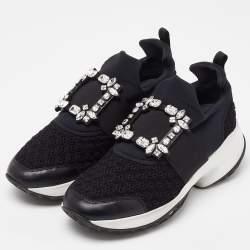 Roger Vivier Black Mesh Fabric and Leather Crystal Embellished Slip On Sneakers Size 38