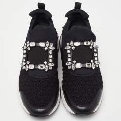 Roger Vivier Black Mesh Fabric and Leather Crystal Embellished Slip On Sneakers Size 38