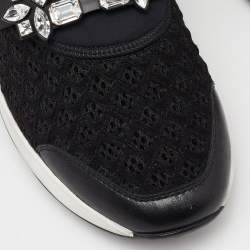 Roger Vivier Black Mesh Fabric and Leather Crystal Embellished Slip On Sneakers Size 38