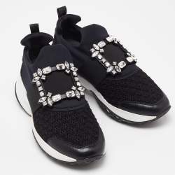 Roger Vivier Black Mesh Fabric and Leather Crystal Embellished Slip On Sneakers Size 38