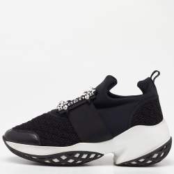 Roger Vivier Black Mesh Fabric and Leather Crystal Embellished Slip On Sneakers Size 38