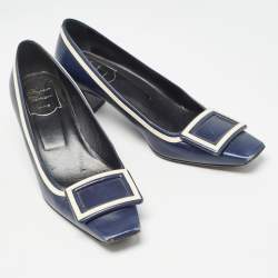 Pre Owned Roger Vivier Navy Blue Leather Trompette Pumps Size 37.5