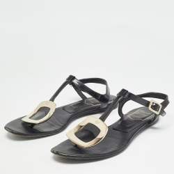 Roger Vivier Black Leather Slingback Flat Sandals Size 37