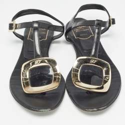 Roger Vivier Black Leather Slingback Flat Sandals Size 37