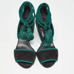 Pre Owned Roger Vivier Black Suede Tassel Ankle Tie Sandals Size 37 