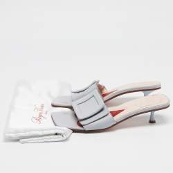 Roger Vivier Light Blue Leather Buckle Slide Sandals Size 37.5