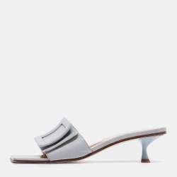 Roger Vivier Light Blue Leather Buckle Slide Sandals Size 37.5