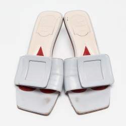 Roger Vivier Light Blue Leather Buckle Slide Sandals Size 37.5