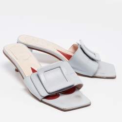 Roger Vivier Light Blue Leather Buckle Slide Sandals Size 37.5