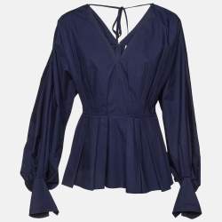 Pre Owned Roksanda Ilincic Navy Blue Cotton Pleated Colette Peplum Top L