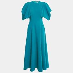 Pre Owned Roksanda Teal Blue Crepe Puffed Sleeve Pleated Midi Dress S