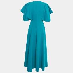 Pre Owned Roksanda Teal Blue Crepe Puffed Sleeve Pleated Midi Dress S