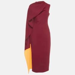 Pre Owned Roksanda Burgundy Crepe Asymmetric Shoulder Cape Edith Midi Dress M