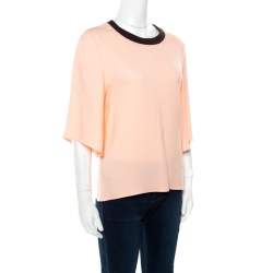Pre Owned Roksanda Ilincic Peach Crepe Contrast Ribbed Neck Detail Flared Sleeve Top S