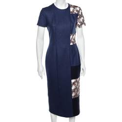 Pre Owned Roksanda Ilincic Navy Blue Wool & Embroidered Trim Langston Dress M