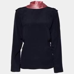 Pre Owned Roksanda Navy Blue Silk Contrast Neck Tie Detail Aulna Top M