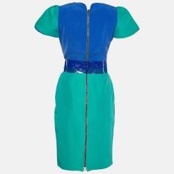 Pre Owned Roksanda Ilincic Green & Blue Silk Blend Belted Sheath Dress M