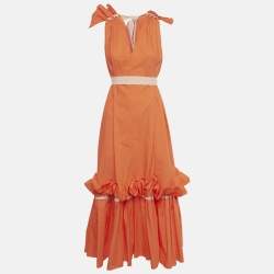 Pre Owned Roksanda Orange Poplin Gathered Flounce Maxi Dress S