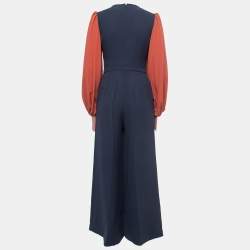 Roksanda Navy Blue Crepe Contrast Balloon Sleeve Wide Leg Jumpsuit M