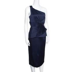 Pre Owned Roland Mouret Navy Blue Satin Half Peplum Anerley One Shoulder Dress L