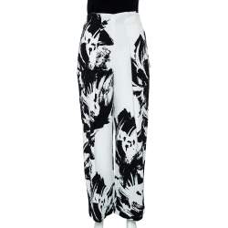 Pre Owned Roland Mouret Monochrome Printed Cloque Pleated Wide Leg Meltham Pants M