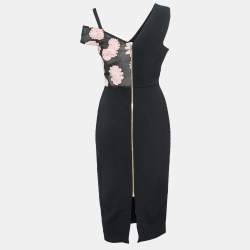 Pre Owned Roland Mouret Black Floral-Embroidered Crepe Off-Shoulder Camley Dress M