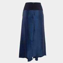 Pre Owned Roland Mouret Navy Blue Draped Silk Midi Skirt L