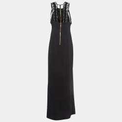 Roland Mouret Black Stretch Crepe Embroidered Lace Trim Gown M