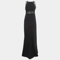 Roland Mouret Black Stretch Crepe Embroidered Lace Trim Gown M