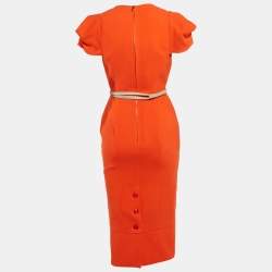 Pre Owned Roland Mouret Orange Crepe Wool Belted Sheath Dress M