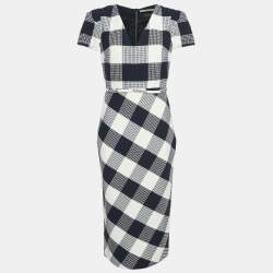Roland Mouret Blue Chaney Checks Cotton Midi Dress M