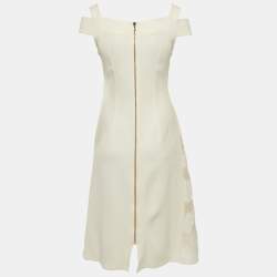 Pre Owned Roland Mouret Off White Cotton & Crepe Stretch Floral Applique Midi Dress M 