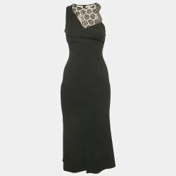 Pre Owned Roland Mouret Black Crepe Lace Detail Sleeveless Midi Dress S