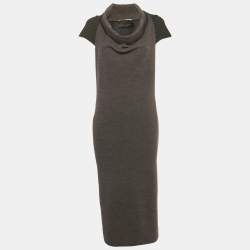 Pre Owned Roland Mouret Grey Jacquard Trim Wool Knit Mock Neck Midi Dress M